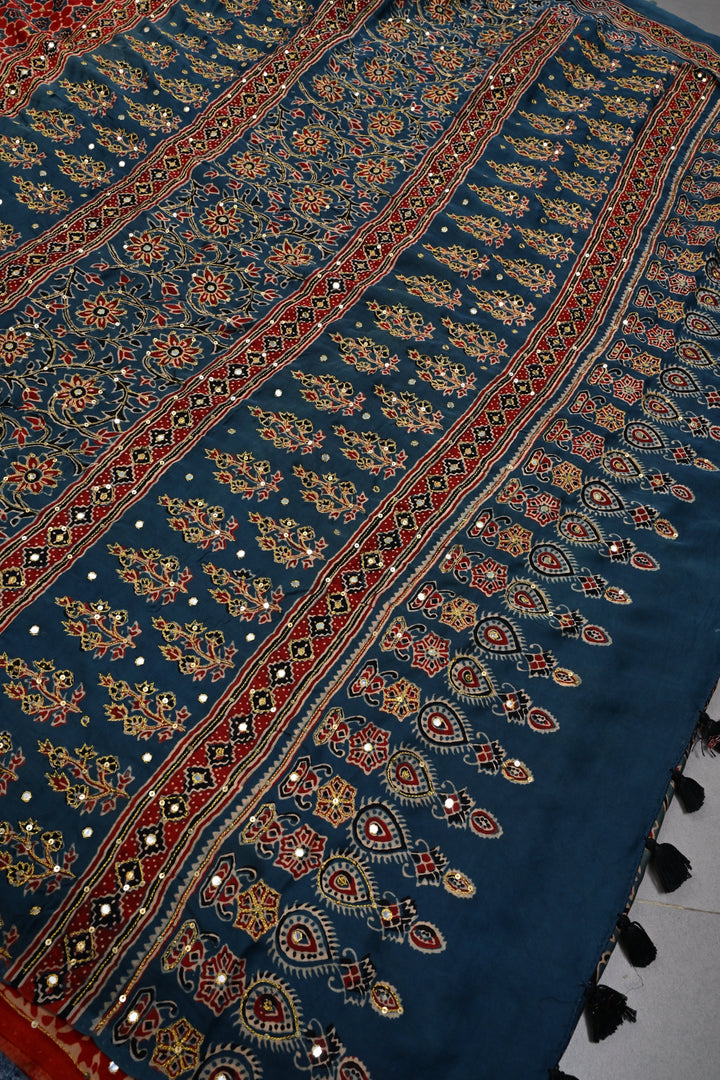 Handwork Ajrakh Saree with Tikki and Aari work on Red Blue Ajrakh on Modal Silk  | SHOBITAM