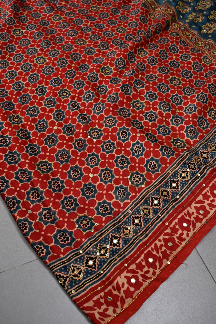 Handwork Ajrakh Saree with Tikki and Aari work on Red Blue Ajrakh on Modal Silk  | SHOBITAM