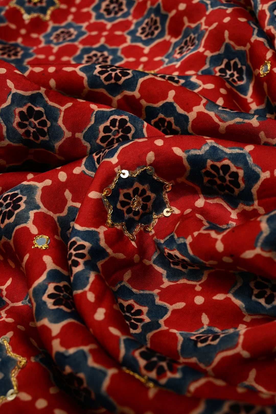 Handwork Ajrakh Saree with Tikki and Aari work on Red Blue Ajrakh on Modal Silk  | SHOBITAM