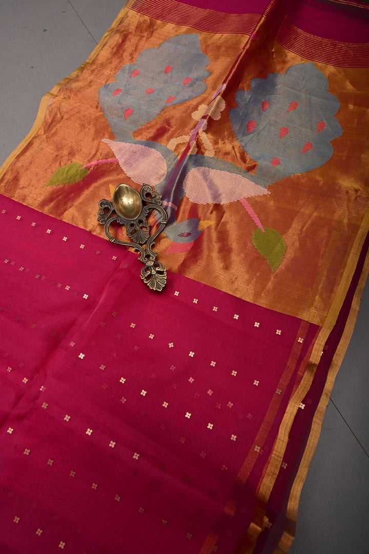 Rani Pink Muslin Silk Saree with Pocket Sequins and Paithani Style Pallu | SILK MARK CERTIFIED | SHOBITAM