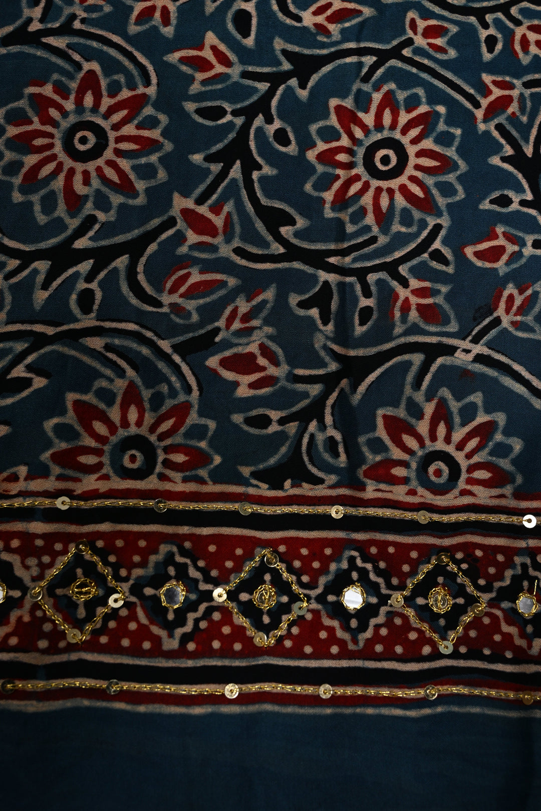 Handwork Ajrakh Saree with Tikki and Aari work on Red Blue Ajrakh on Modal Silk  | SHOBITAM