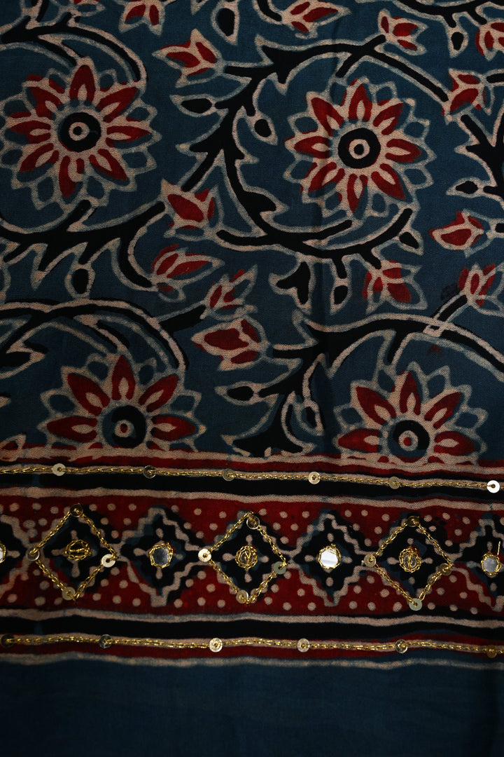 Handwork Ajrakh Saree with Tikki and Aari work on Red Blue Ajrakh on Modal Silk  | SHOBITAM