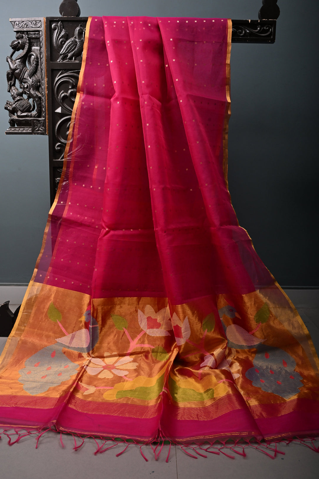 Rani Pink Muslin Silk Saree with Pocket Sequins and Paithani Style Pallu | SILK MARK CERTIFIED | SHOBITAM