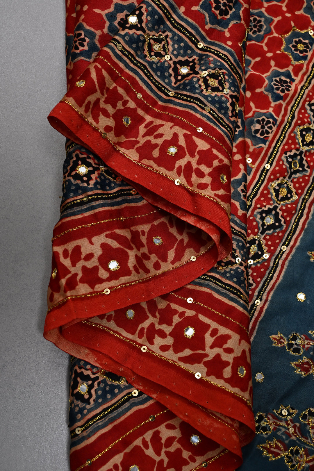Handwork Ajrakh Saree with Tikki and Aari work on Red Blue Ajrakh on Modal Silk  | SHOBITAM