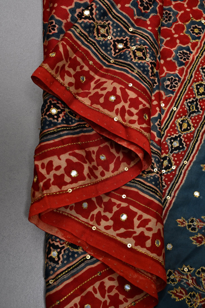 Handwork Ajrakh Saree with Tikki and Aari work on Red Blue Ajrakh on Modal Silk  | SHOBITAM