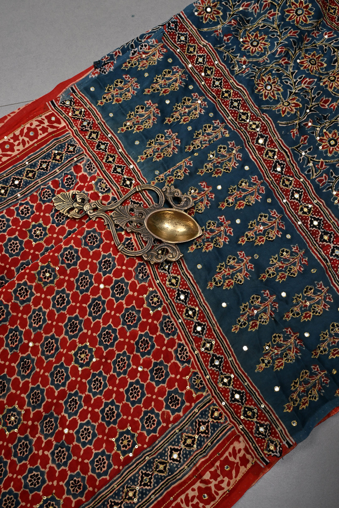Handwork Ajrakh Saree with Tikki and Aari work on Red Blue Ajrakh on Modal Silk  | SHOBITAM