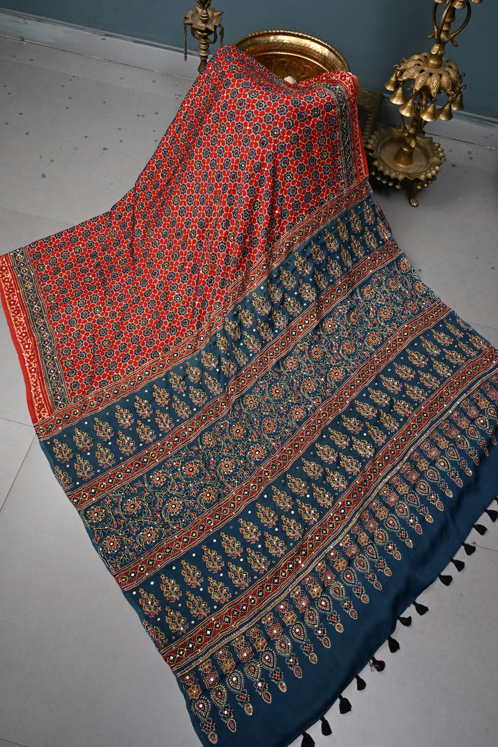 Handwork Ajrakh Saree with Tikki and Aari work on Red Blue Ajrakh on Modal Silk  | SHOBITAM