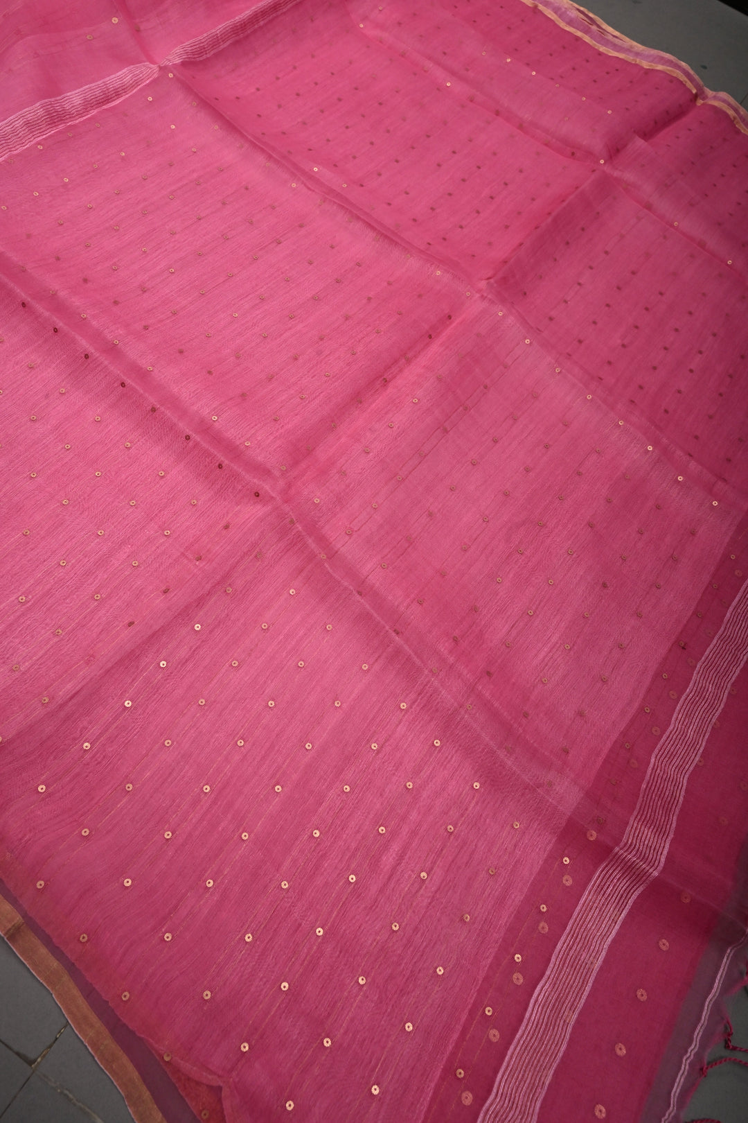 French Rose Muslin Silk Saree with Pocket Sequins and Minimal Zari Border | SILK MARK CERTIFIED | SHOBITAM