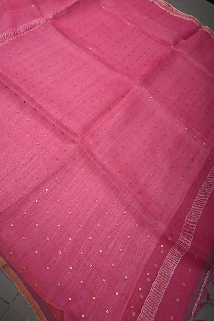 French Rose Muslin Silk Saree with Pocket Sequins and Minimal Zari Border | SILK MARK CERTIFIED | SHOBITAM