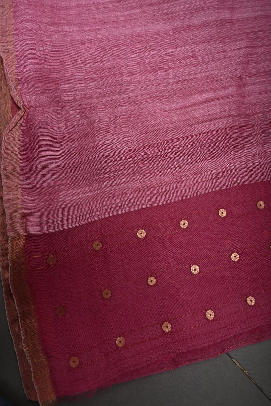 French Rose Muslin Silk Saree with Pocket Sequins and Minimal Zari Border | SILK MARK CERTIFIED | SHOBITAM