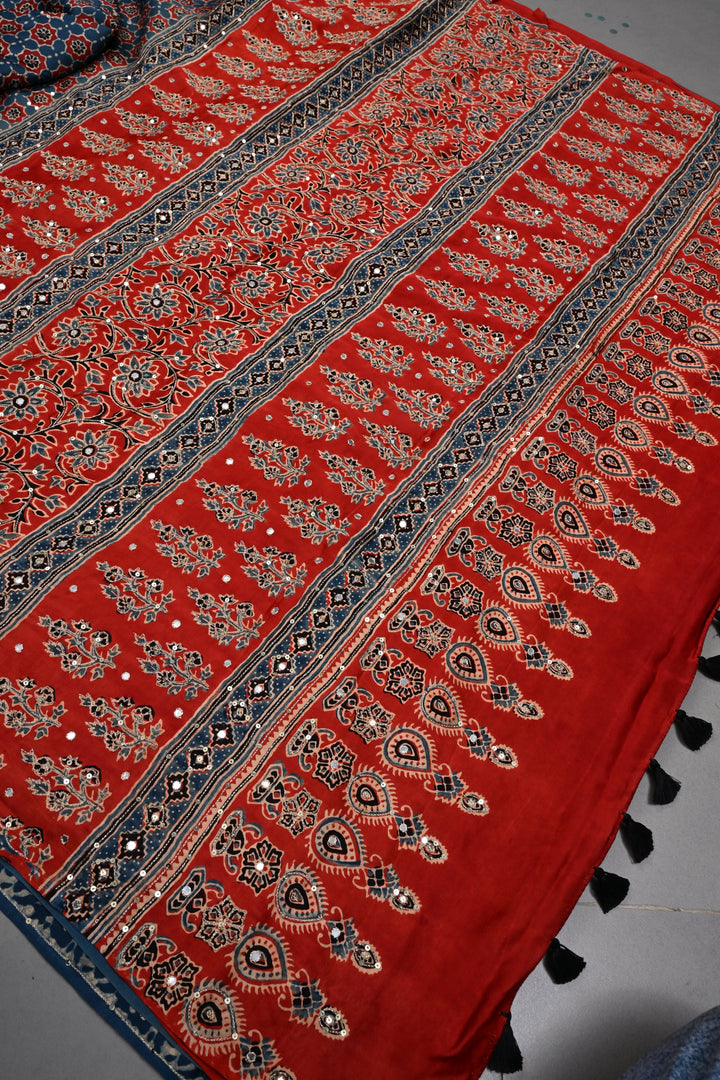 Handwork Ajrakh Saree with Tikki and Aari work on Blue Ajrakh on Modal Silk  | SHOBITAM