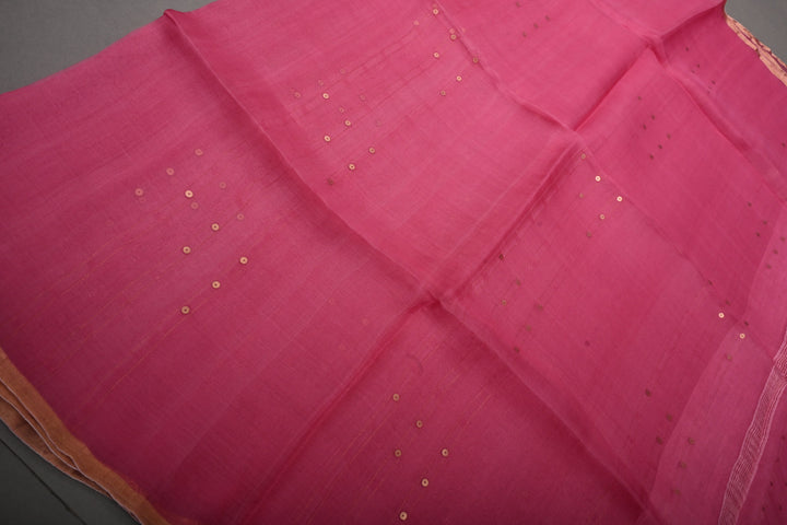 French Rose Muslin Silk Saree with Pocket Sequins and Minimal Zari Border | SILK MARK CERTIFIED | SHOBITAM