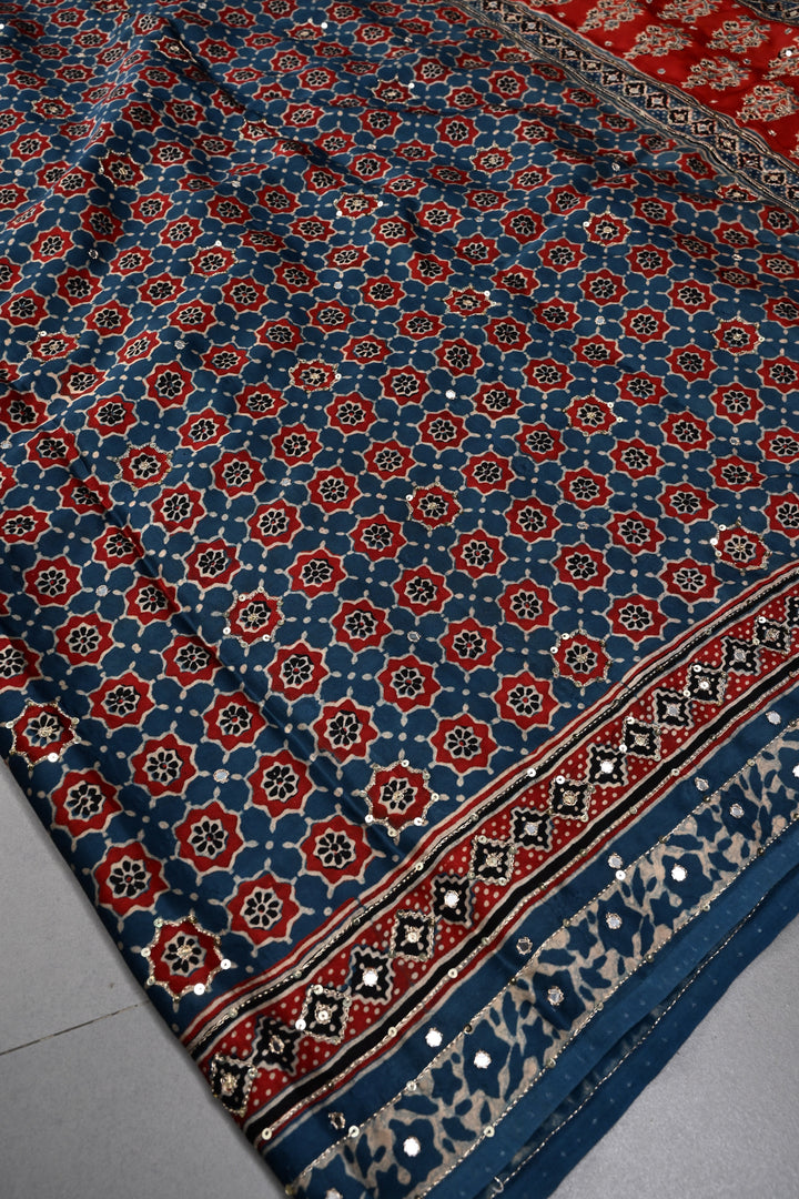 Handwork Ajrakh Saree with Tikki and Aari work on Blue Ajrakh on Modal Silk  | SHOBITAM