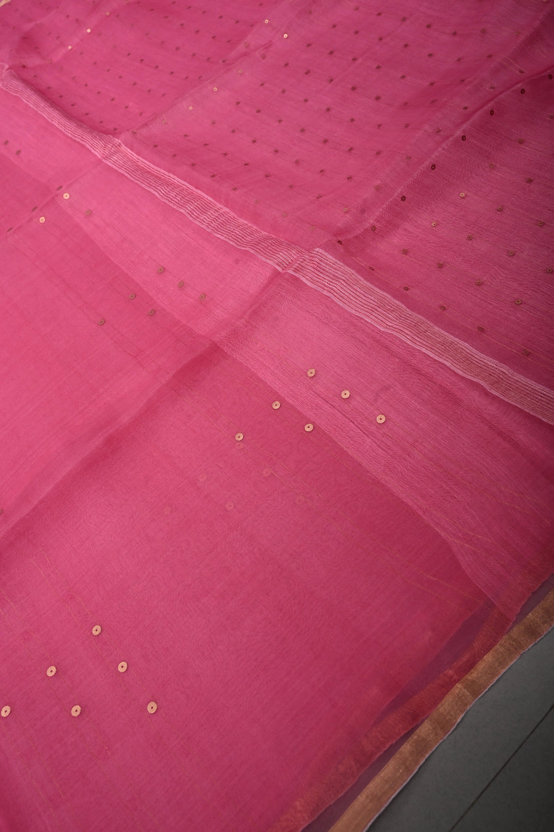 French Rose Muslin Silk Saree with Pocket Sequins and Minimal Zari Border | SILK MARK CERTIFIED | SHOBITAM