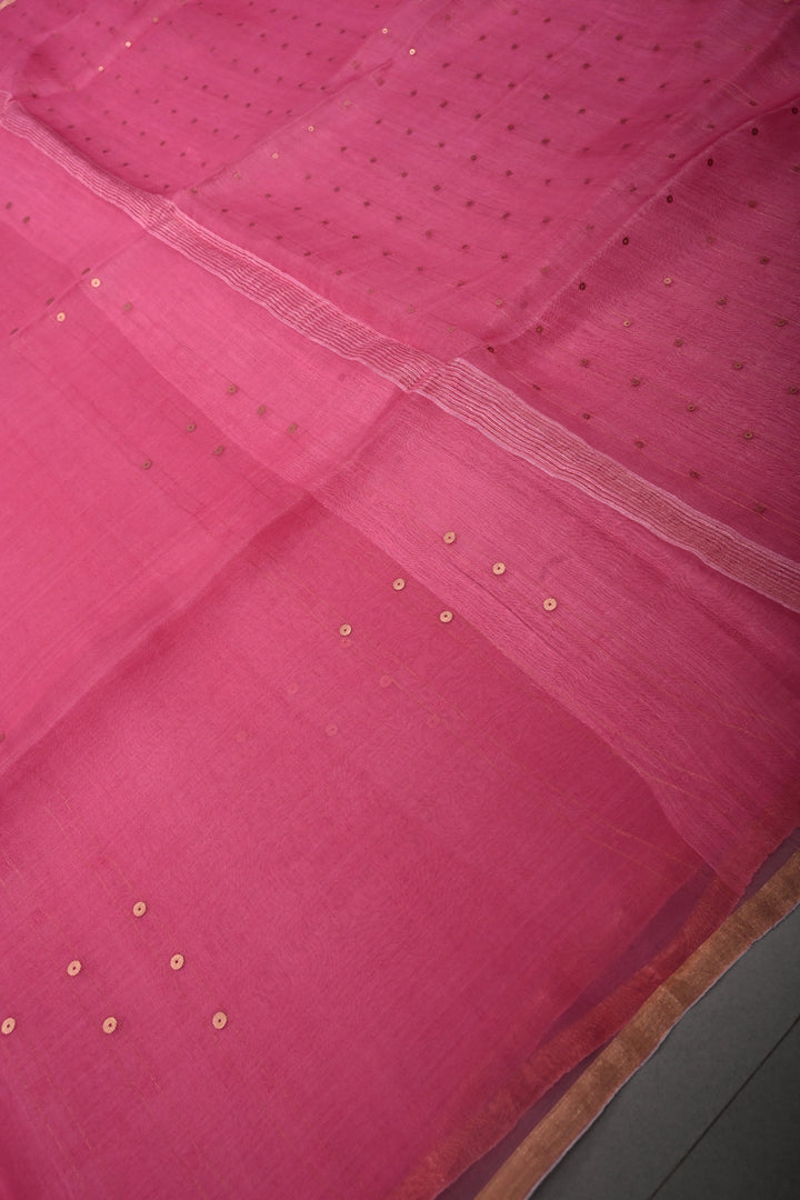 French Rose Muslin Silk Saree with Pocket Sequins and Minimal Zari Border | SILK MARK CERTIFIED | SHOBITAM