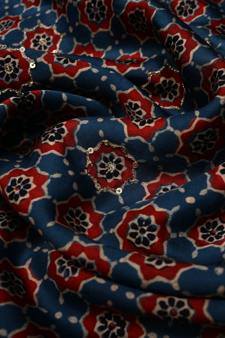 Handwork Ajrakh Saree with Tikki and Aari work on Blue Ajrakh on Modal Silk  | SHOBITAM