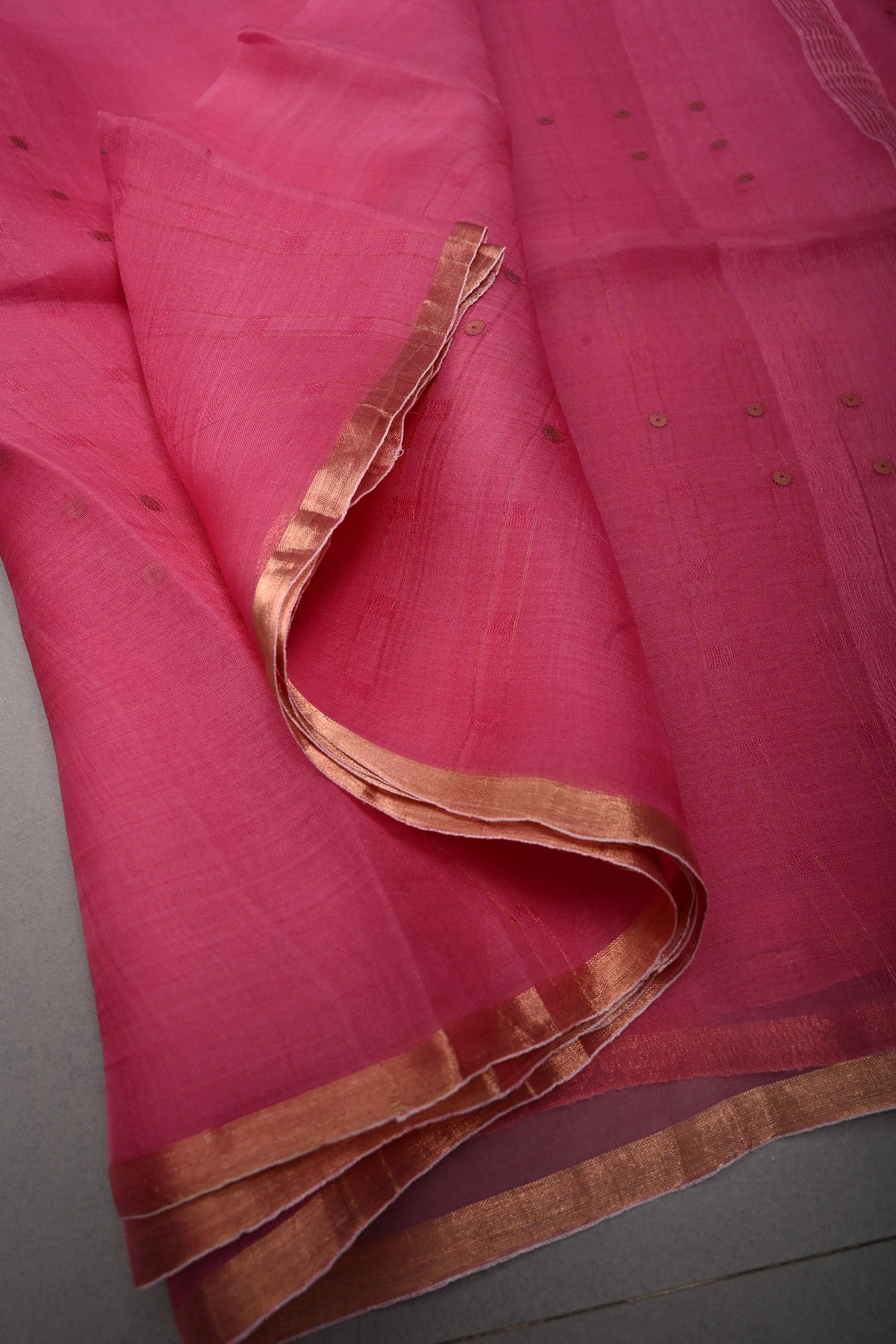 French Rose Muslin Silk Saree with Pocket Sequins and Minimal Zari Border | SILK MARK CERTIFIED | SHOBITAM