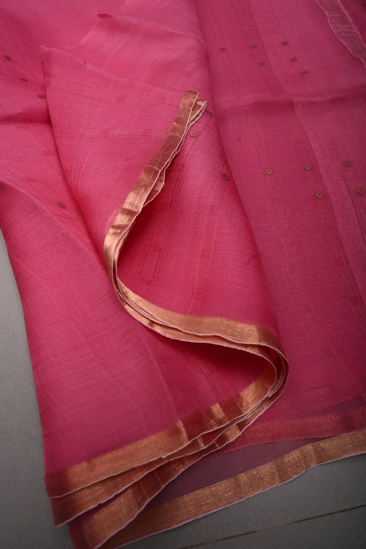 French Rose Muslin Silk Saree with Pocket Sequins and Minimal Zari Border | SILK MARK CERTIFIED | SHOBITAM