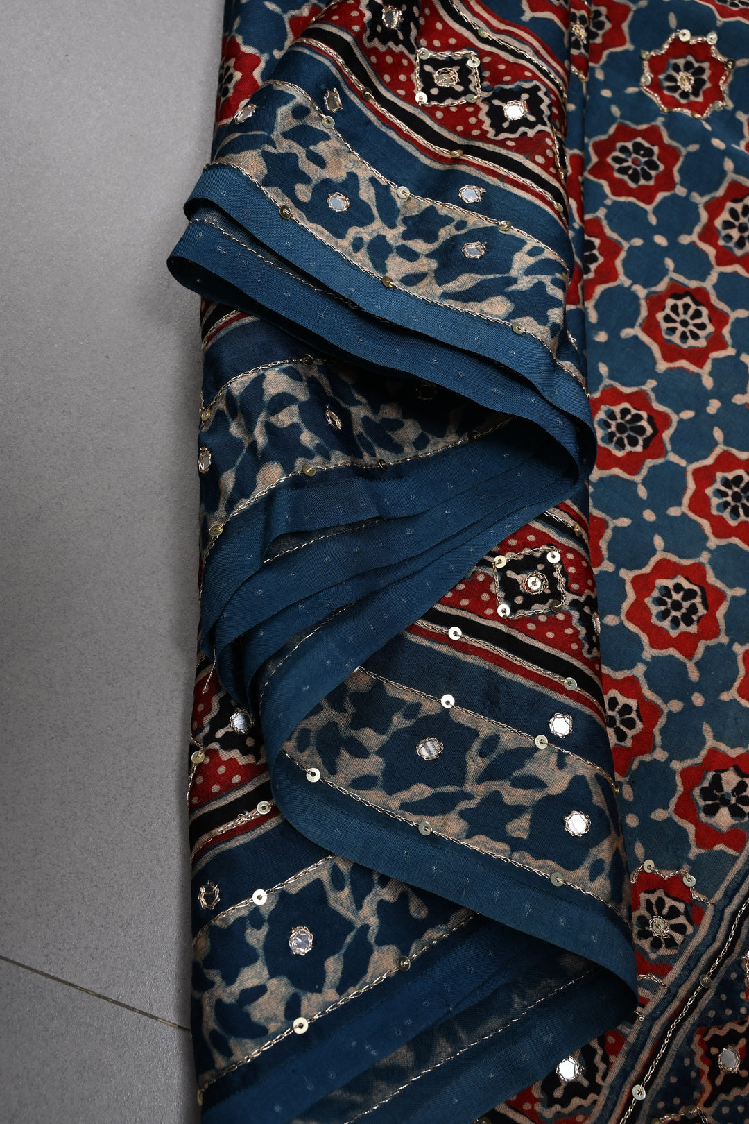 Handwork Ajrakh Saree with Tikki and Aari work on Blue Ajrakh on Modal Silk  | SHOBITAM