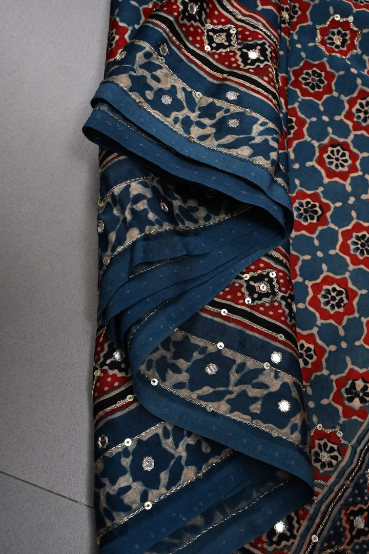 Handwork Ajrakh Saree with Tikki and Aari work on Blue Ajrakh on Modal Silk  | SHOBITAM