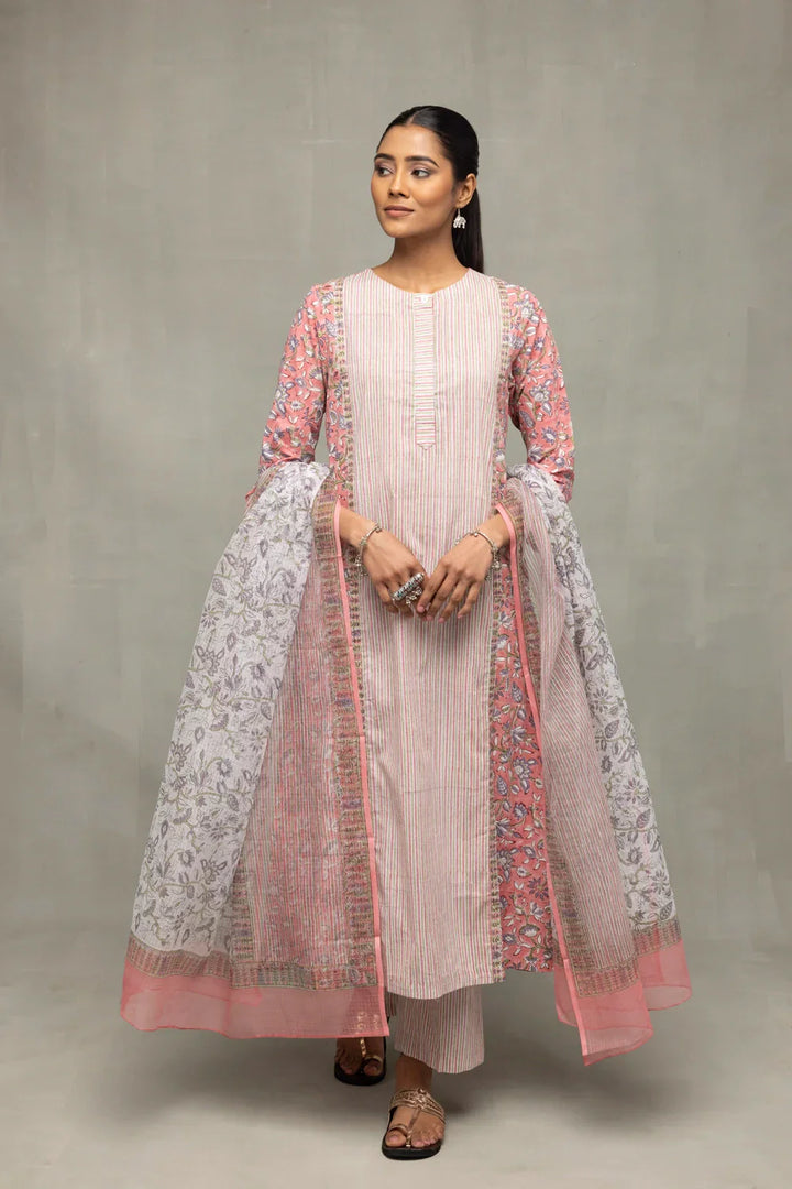 Salmon and Frost Block Printed Kurta Set with Dupatta | SHOBITAM