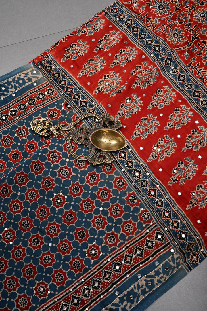 Handwork Ajrakh Saree with Tikki and Aari work on Blue Ajrakh on Modal Silk  | SHOBITAM