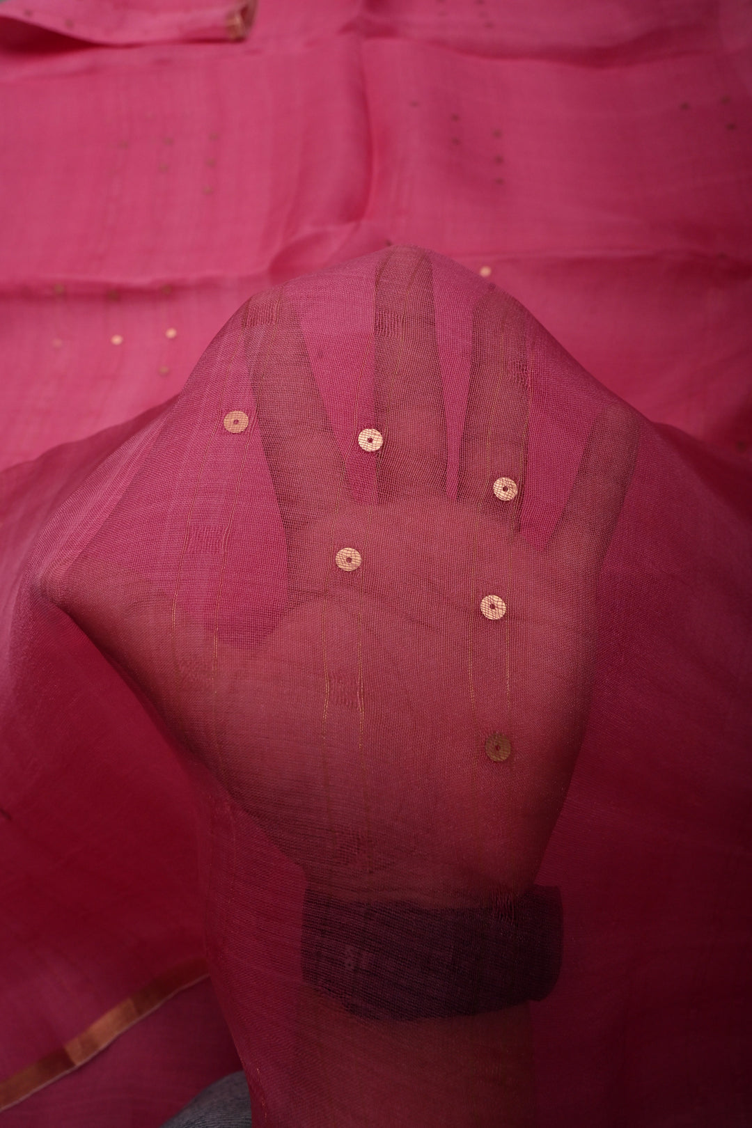 French Rose Muslin Silk Saree with Pocket Sequins and Minimal Zari Border | SILK MARK CERTIFIED | SHOBITAM