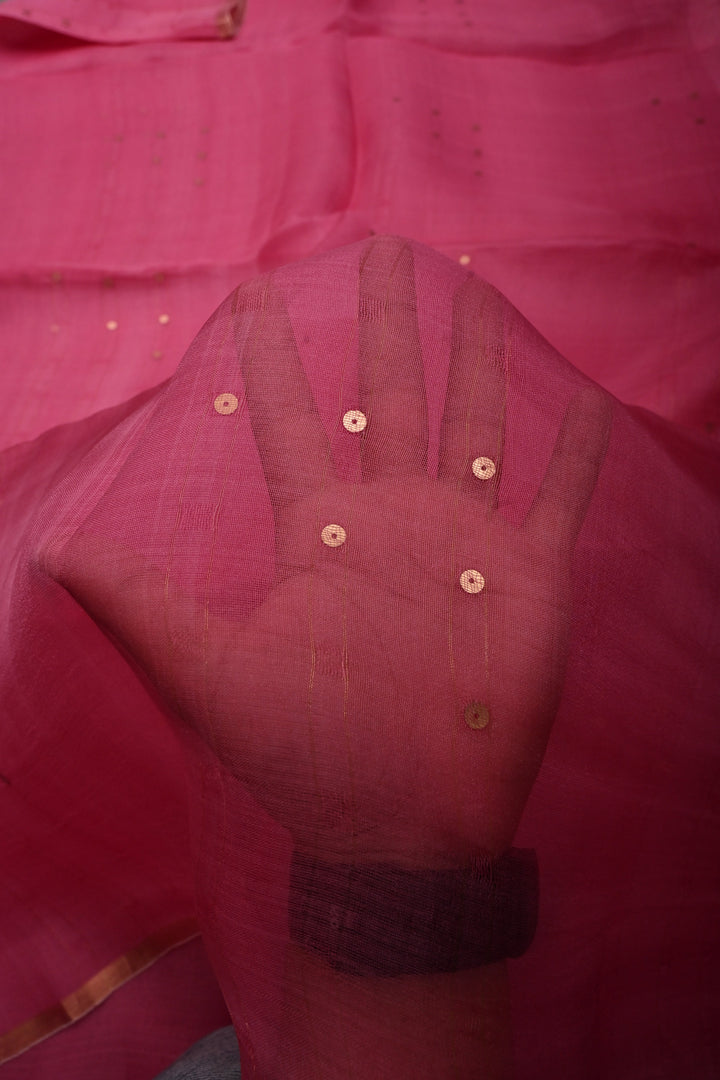French Rose Muslin Silk Saree with Pocket Sequins and Minimal Zari Border | SILK MARK CERTIFIED | SHOBITAM