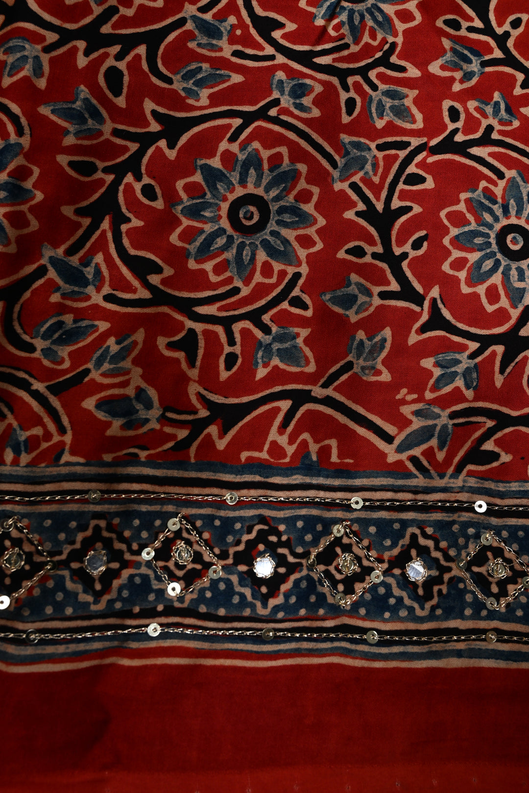 Handwork Ajrakh Saree with Tikki and Aari work on Blue Ajrakh on Modal Silk  | SHOBITAM