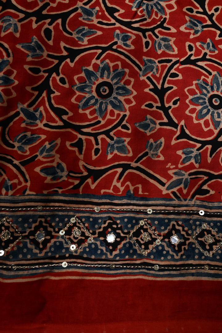 Handwork Ajrakh Saree with Tikki and Aari work on Blue Ajrakh on Modal Silk  | SHOBITAM