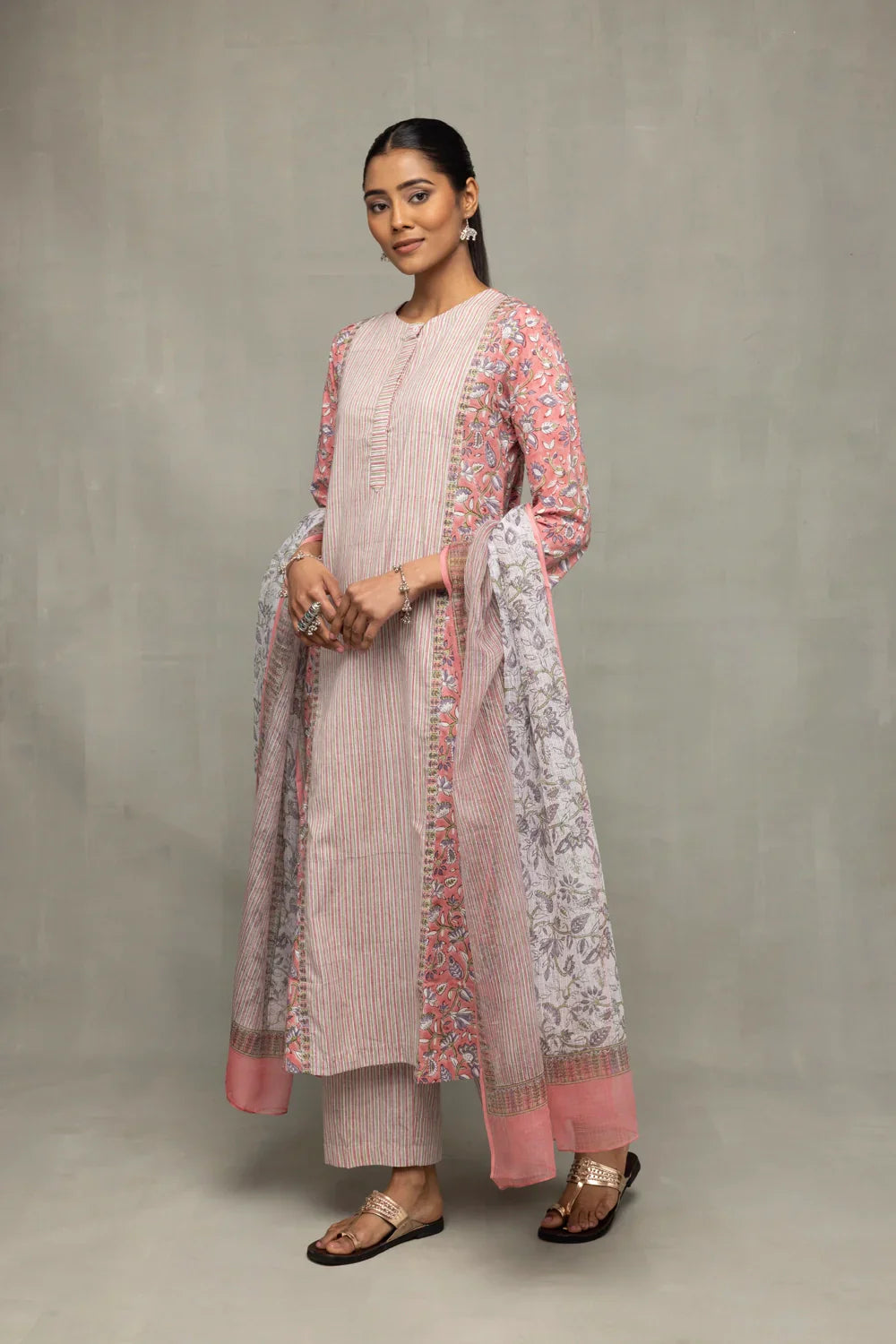 Salmon and Frost Block Printed Kurta Set with Dupatta | SHOBITAM