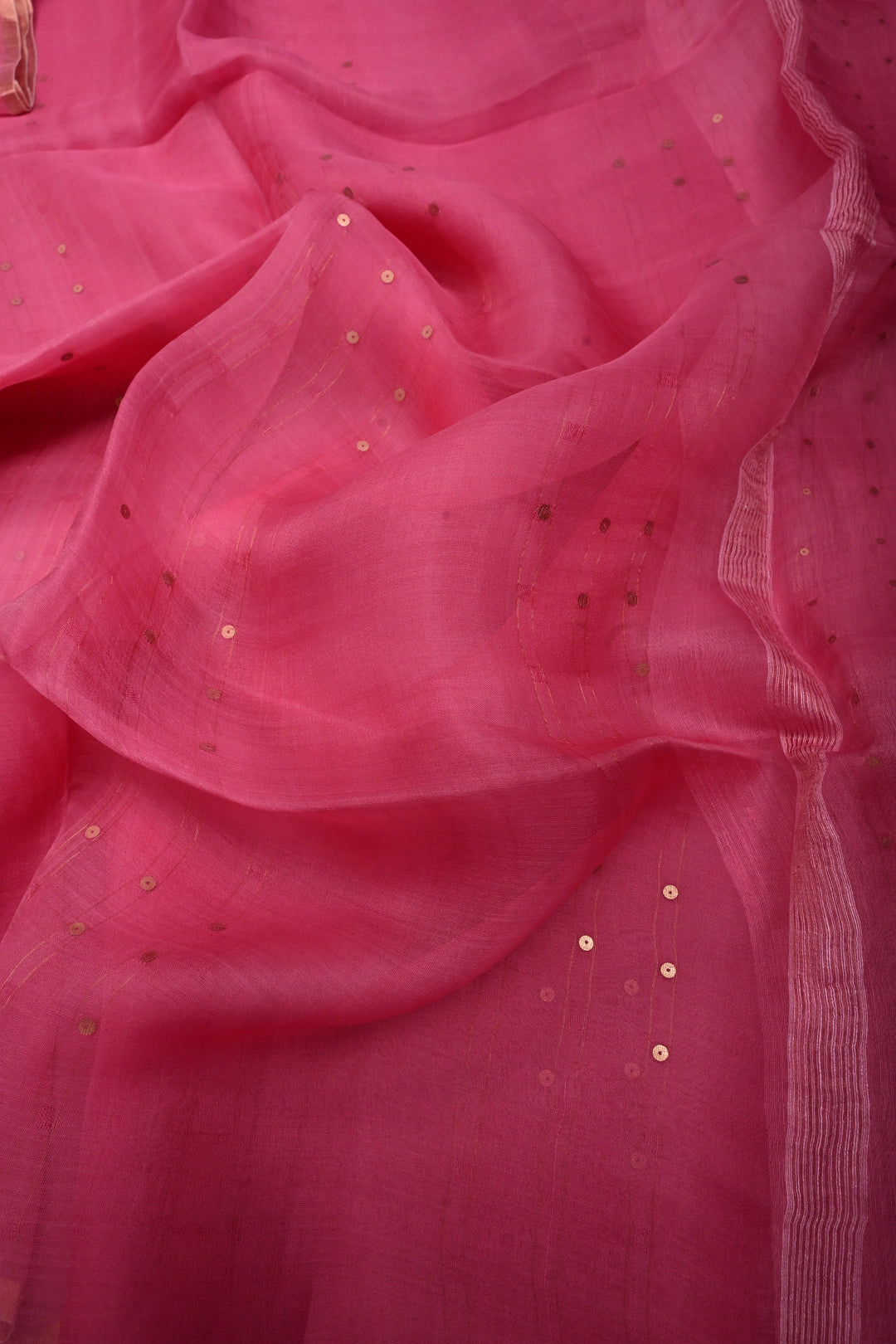 French Rose Muslin Silk Saree with Pocket Sequins and Minimal Zari Border | SILK MARK CERTIFIED | SHOBITAM