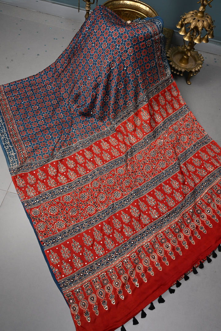Handwork Ajrakh Saree with Tikki and Aari work on Blue Ajrakh on Modal Silk  | SHOBITAM
