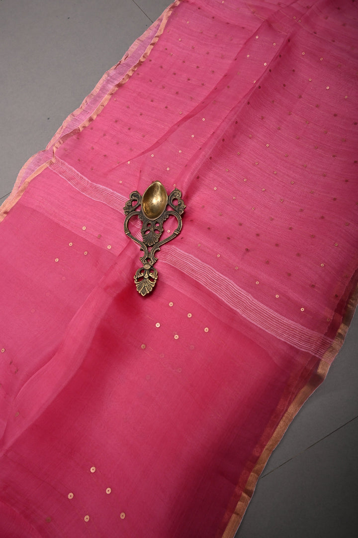 French Rose Muslin Silk Saree with Pocket Sequins and Minimal Zari Border | SILK MARK CERTIFIED | SHOBITAM