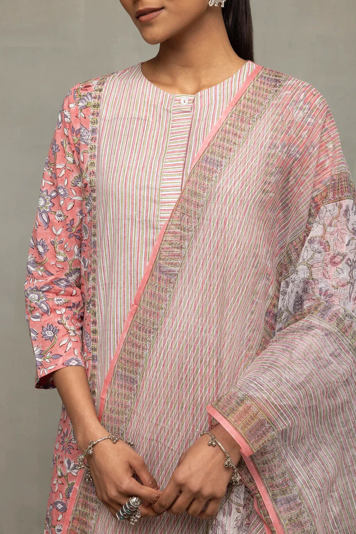 Salmon and Frost Block Printed Kurta Set with Dupatta | SHOBITAM
