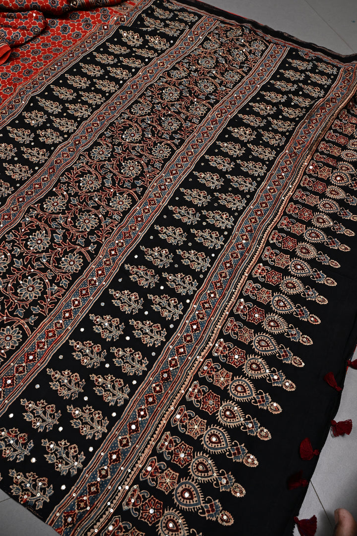 Handwork Ajrakh Saree with Tikki and Aari work on Red Black Ajrakh on Modal Silk  | SHOBITAM