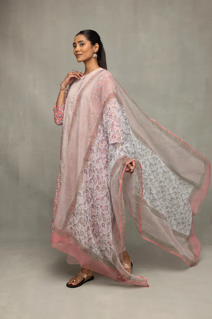 Salmon and Frost Block Printed Kurta Set with Dupatta | SHOBITAM