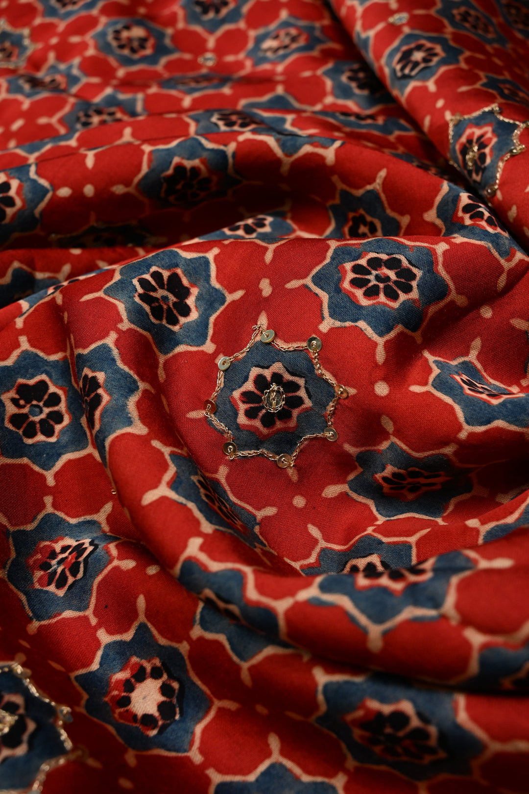 Handwork Ajrakh Saree with Tikki and Aari work on Red Black Ajrakh on Modal Silk  | SHOBITAM