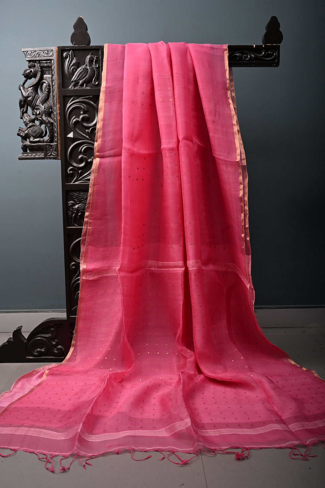 French Rose Muslin Silk Saree with Pocket Sequins and Minimal Zari Border | SILK MARK CERTIFIED | SHOBITAM