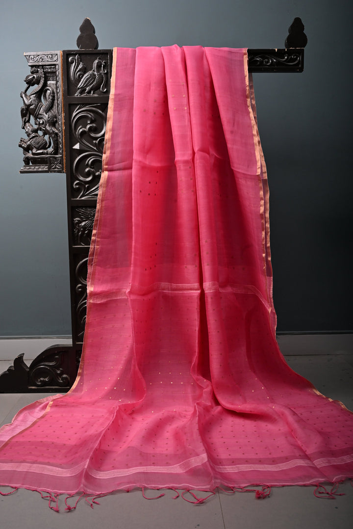 French Rose Muslin Silk Saree with Pocket Sequins and Minimal Zari Border | SILK MARK CERTIFIED | SHOBITAM