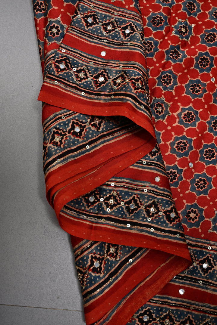 Handwork Ajrakh Saree with Tikki and Aari work on Red Black Ajrakh on Modal Silk  | SHOBITAM