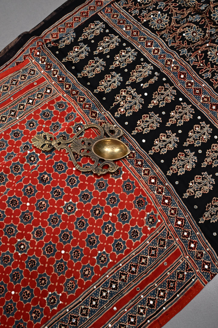 Handwork Ajrakh Saree with Tikki and Aari work on Red Black Ajrakh on Modal Silk  | SHOBITAM
