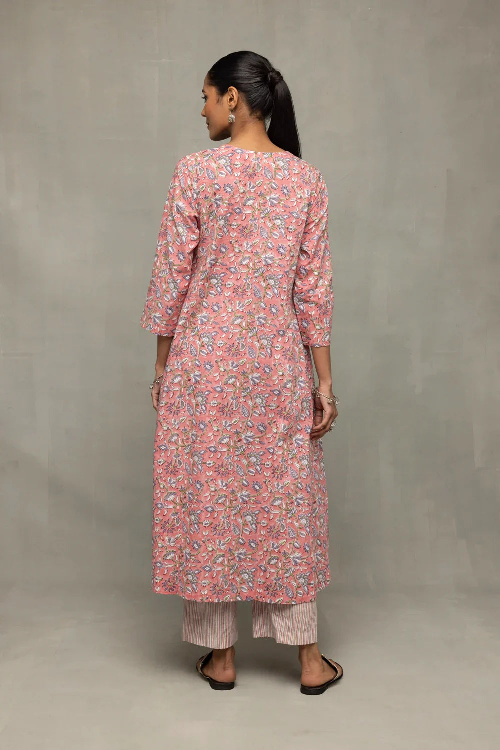 Salmon and Frost Block Printed Kurta Set with Dupatta | SHOBITAM
