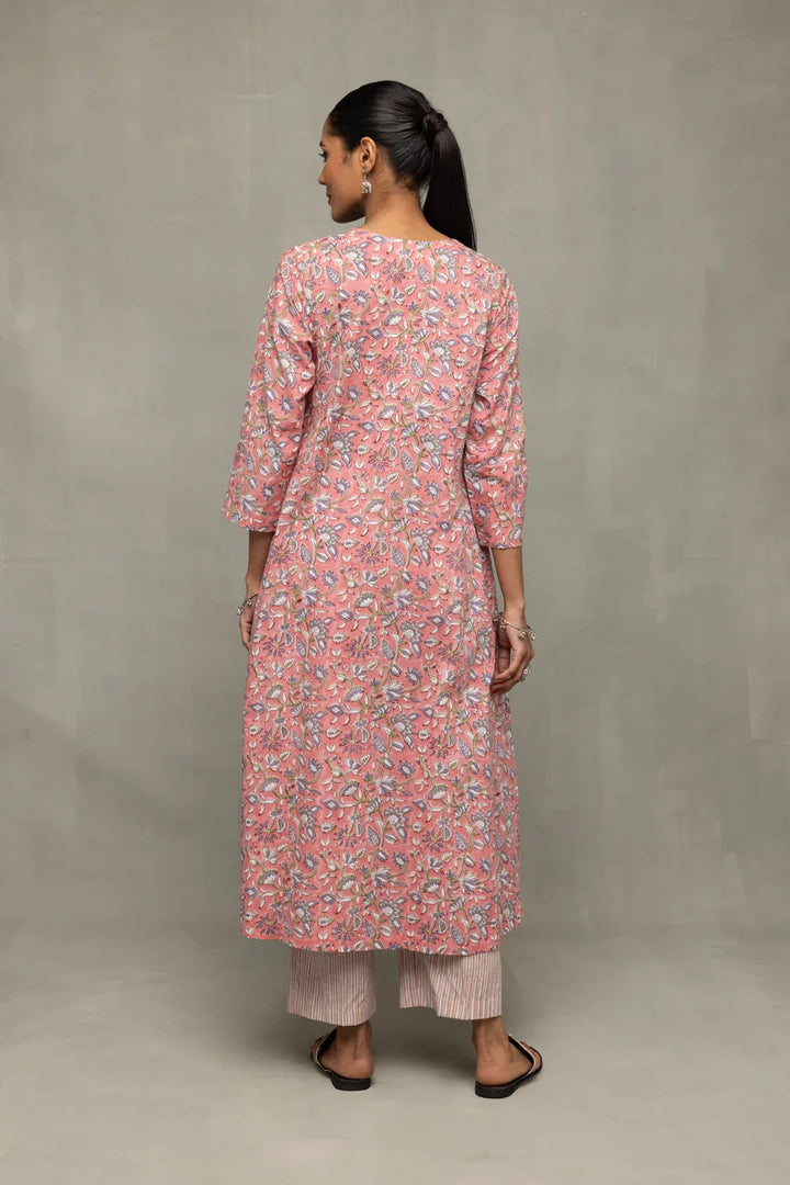 Salmon and Frost Block Printed Kurta Set with Dupatta | SHOBITAM