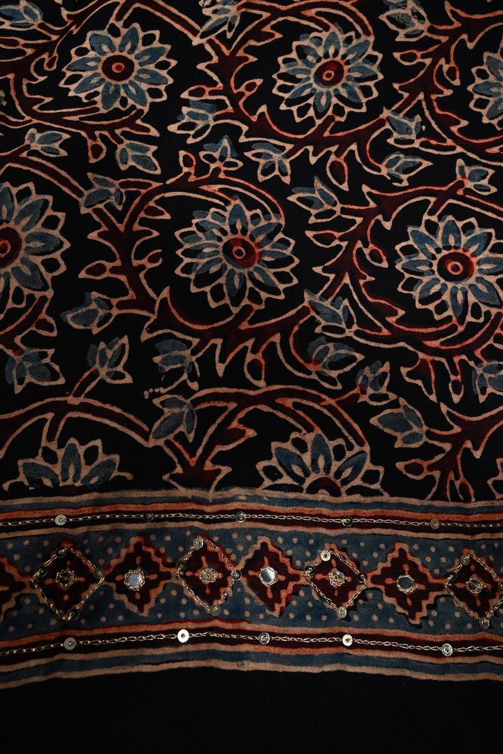 Handwork Ajrakh Saree with Tikki and Aari work on Red Black Ajrakh on Modal Silk  | SHOBITAM