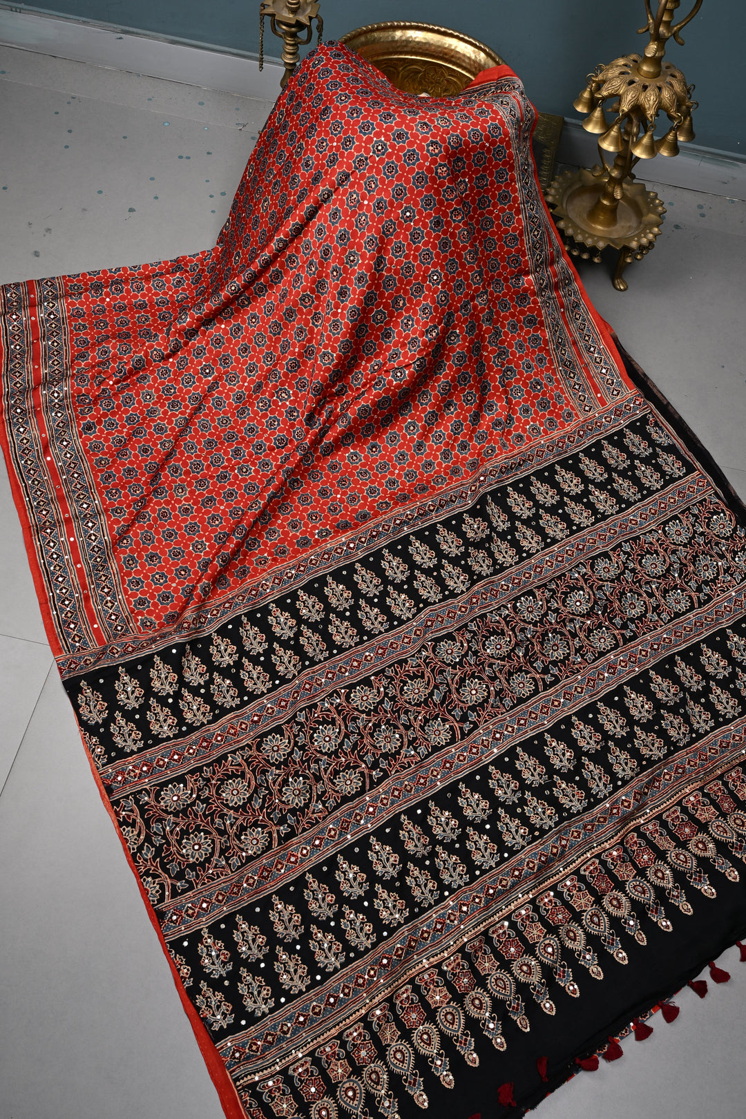 Handwork Ajrakh Saree with Tikki and Aari work on Red Black Ajrakh on Modal Silk  | SHOBITAM