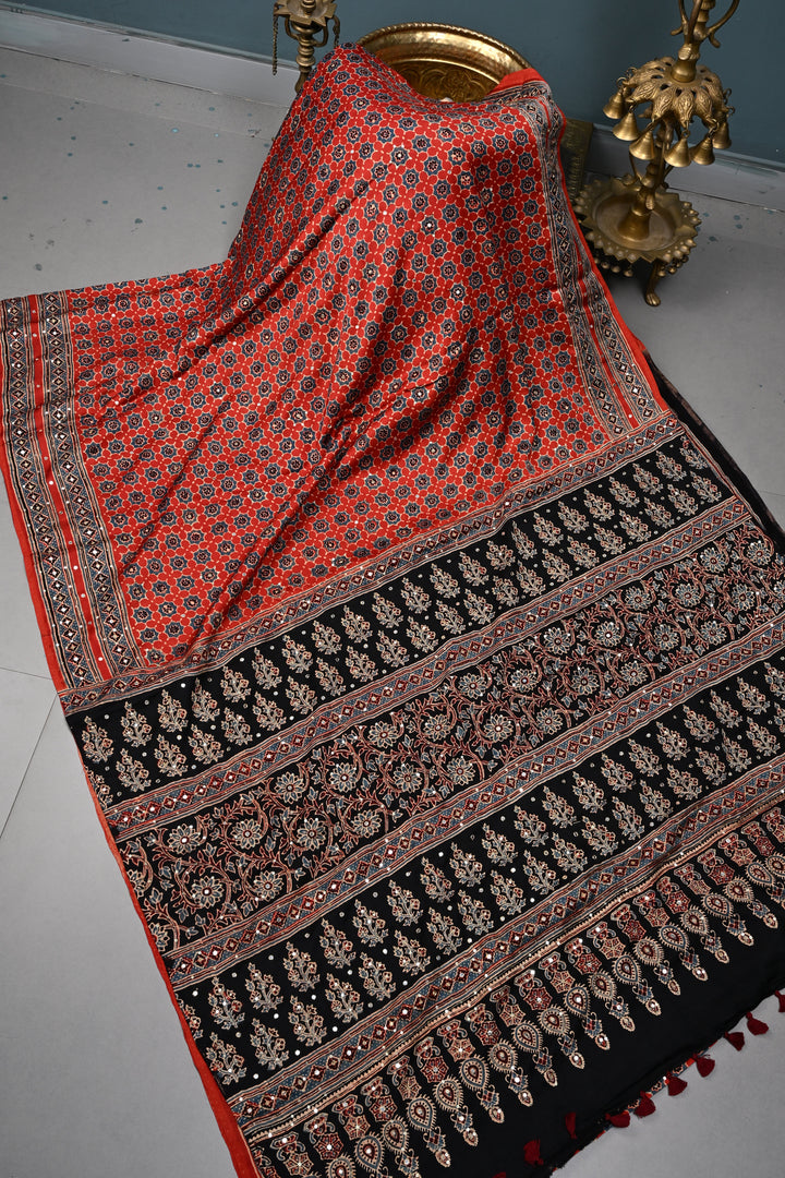 Handwork Ajrakh Saree with Tikki and Aari work on Red Black Ajrakh on Modal Silk  | SHOBITAM