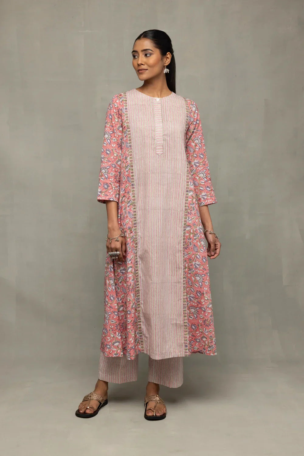 Salmon and Frost Block Printed Kurta Set with Dupatta | SHOBITAM
