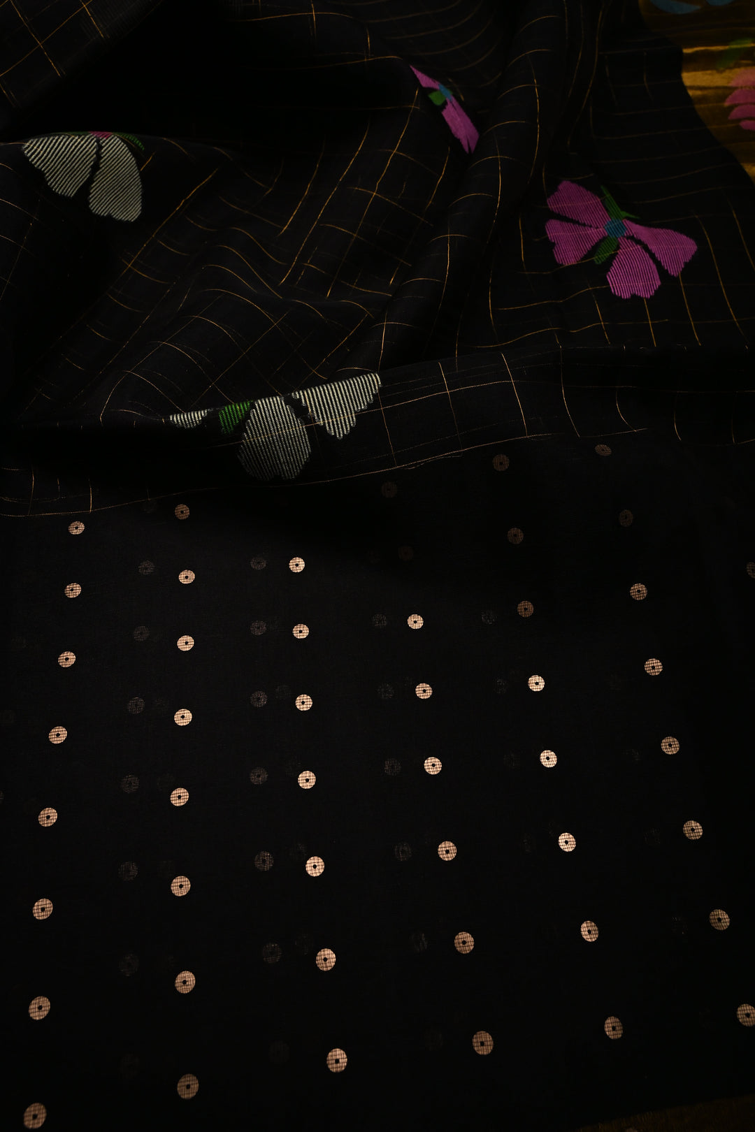 Black Jamdani Weaving on Silk Muslin Saree with Pocket Sequins and Paithani Style Tissue  Pallu | SILK MARK CERTIFIED