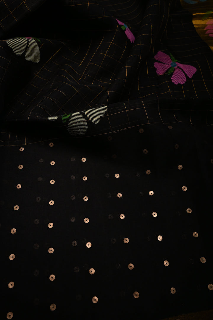 Black Jamdani Weaving on Silk Muslin Saree with Pocket Sequins and Paithani Style Tissue  Pallu | SILK MARK CERTIFIED